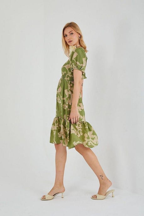 Blommig Volang Off-Shoulder Midi Klänning med Knutdetalj - Image 3