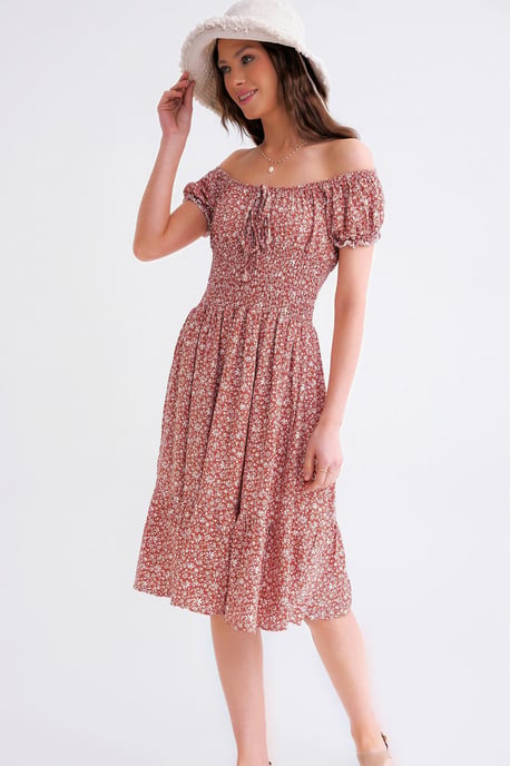 Schouderloze Bloemen Geborduurde Taille Puff Mouw Midi Jurk - Image 3