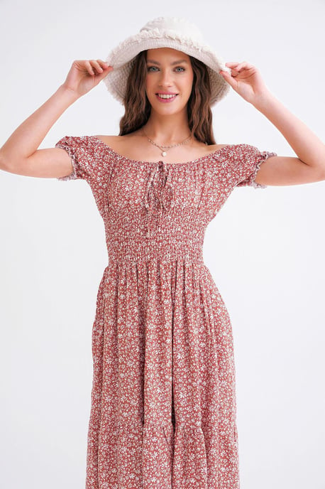 Schouderloze Bloemen Geborduurde Taille Puff Mouw Midi Jurk - Image 5