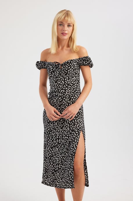 Blommig Off Shoulder Midi Klänning med Sidoklyfta - Image 3