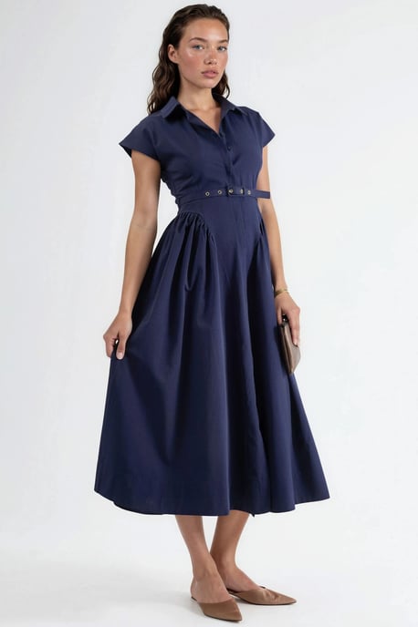 Belted Midi Dress with Shirt Collar - Image 2