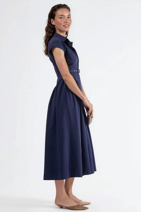 Belted Midi Dress with Shirt Collar - Image 4