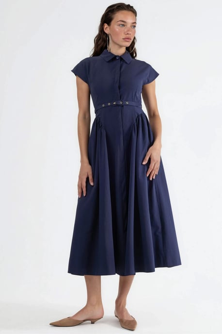 Belted Midi Dress with Shirt Collar - Image 6
