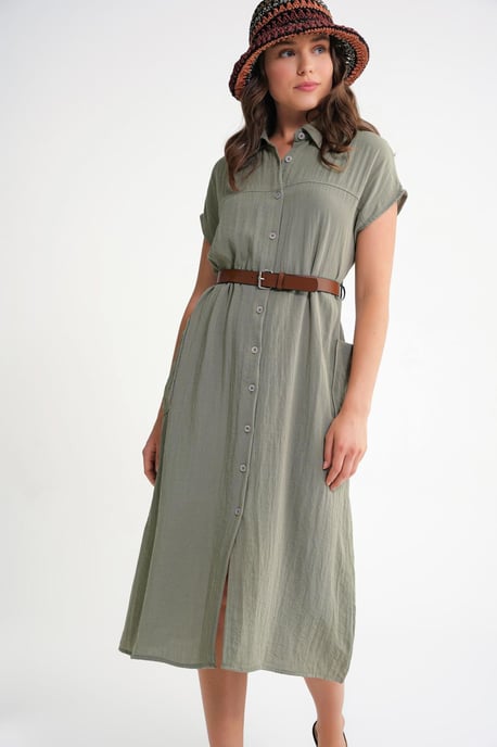 Midi-jurk met riemdetail en geknoopte kraag - Image 2
