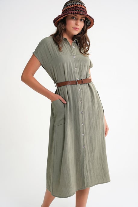 Midi-jurk met riemdetail en geknoopte kraag - Image 3