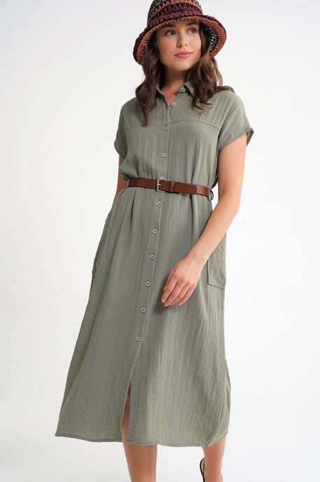 Midi-jurk met riemdetail en geknoopte kraag - Image 4
