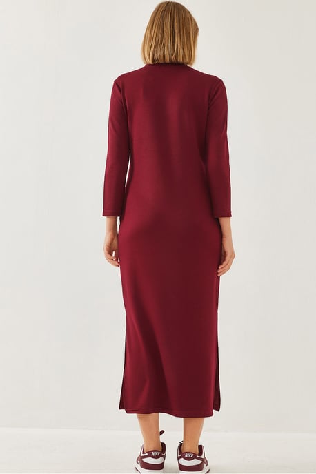 Klänning med lång ärm och crew neck i midilängd med slits - Image 3