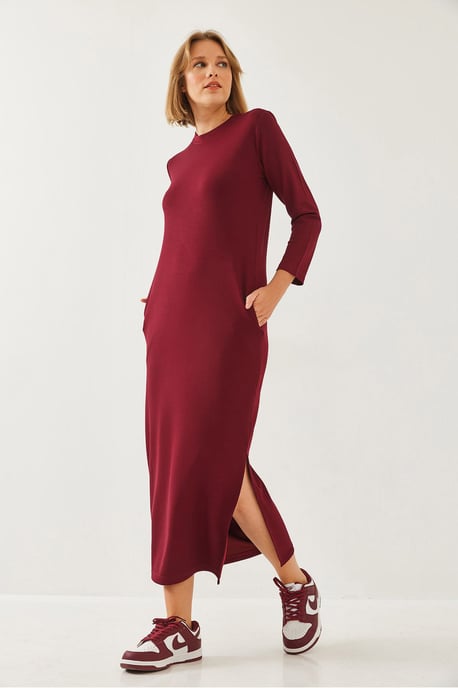 Klänning med lång ärm och crew neck i midilängd med slits - Image 5