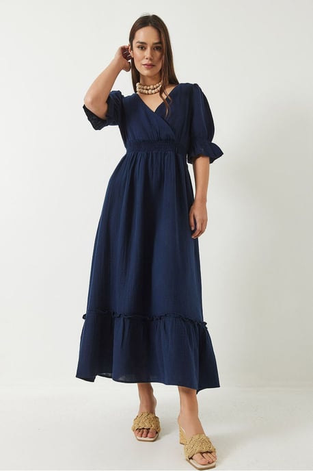 V-hals Textured Midi-jurk met Elastische Details - Image 2
