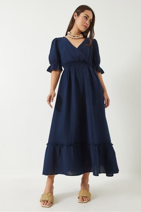 V-hals Textured Midi-jurk met Elastische Details - Image 3