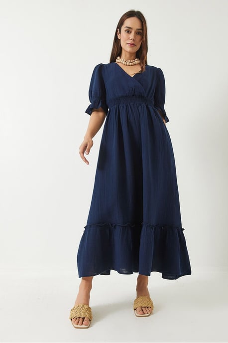 V-hals Textured Midi-jurk met Elastische Details - Image 4