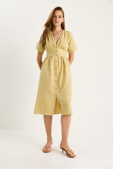 V-hals Knop Midi Shirt Jurk - Image 2