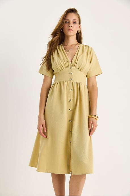 V-hals Knop Midi Shirt Jurk - Image 3