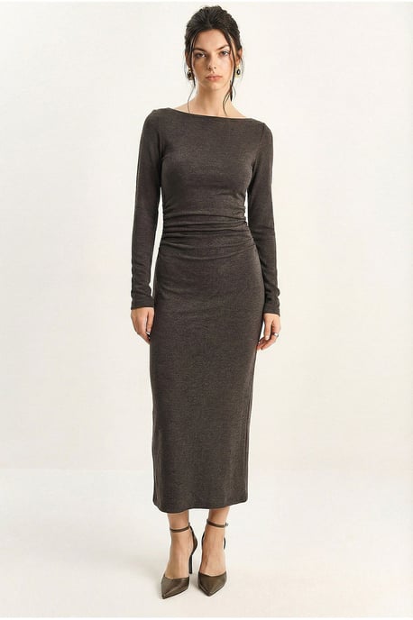 Båtkrage Bodycon Midi Klänning med Drapering Detalj - Image 1