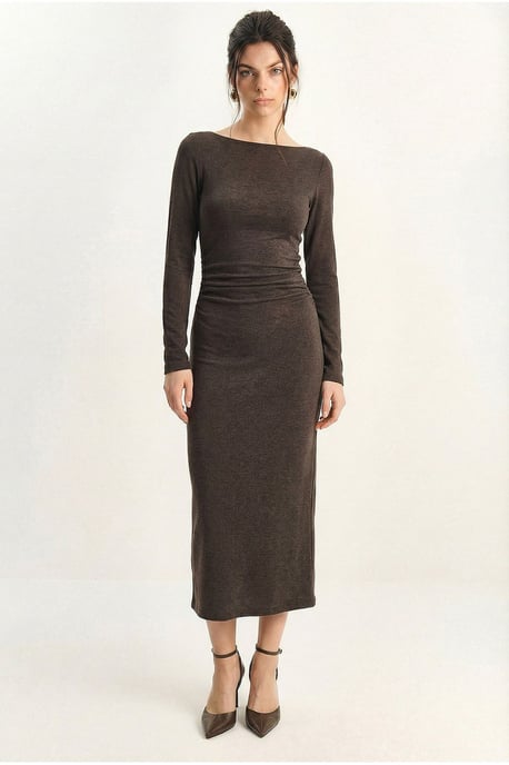 Båtkrage Bodycon Midi Klänning med Drapering Detalj - Image 2