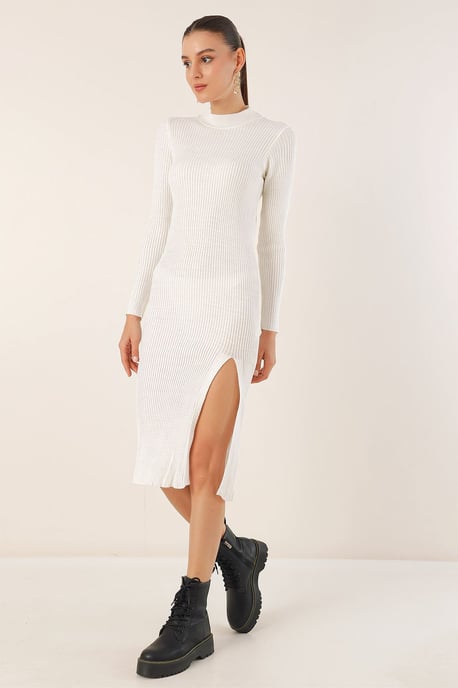 Textured Knit Dress with Crew Neck - Image 2