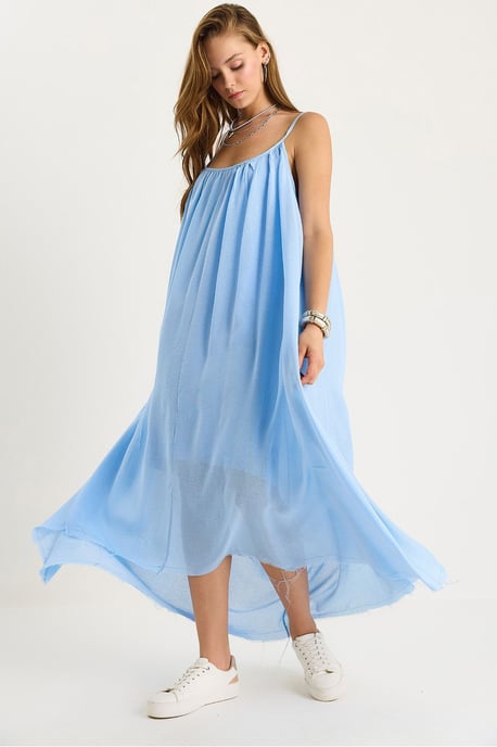 Effen Spaghetti Band Muslin Midi-jurk met Doorzichtig Zoom - Image 1
