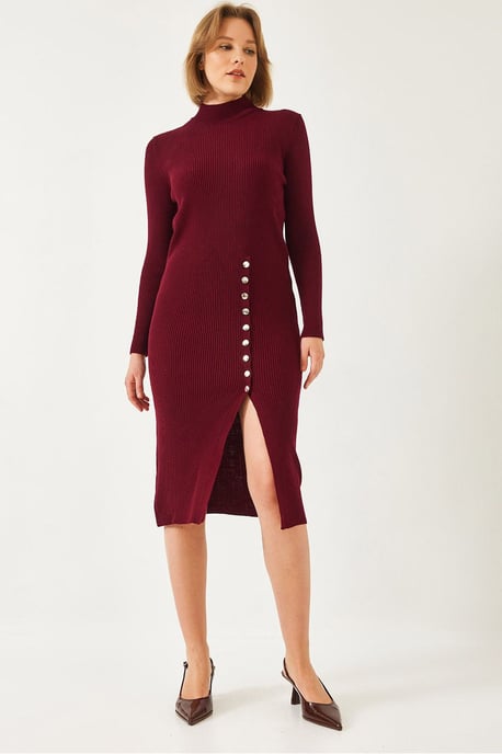 Ribbad Texturerad Turtleneck Midi Stickad Klänning - Image 1