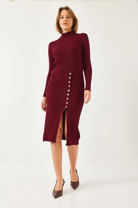 Ribbad Texturerad Turtleneck Midi Stickad Klänning - Image 2