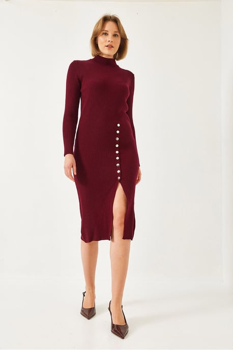 Ribbad Texturerad Turtleneck Midi Stickad Klänning - Image 3