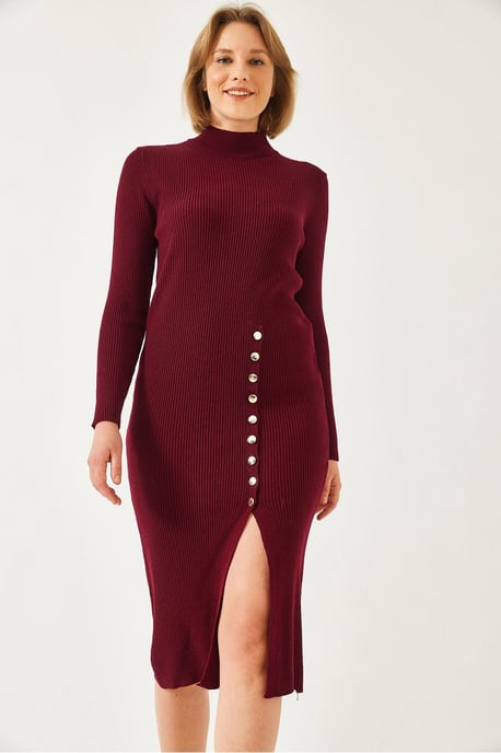 Ribbad Texturerad Turtleneck Midi Stickad Klänning - Image 4