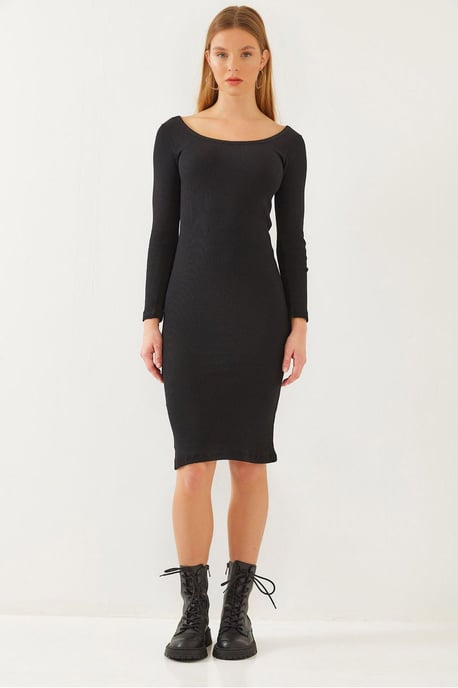 Textured Geribde Midi-jurk met Vierkante Kraag - Image 1