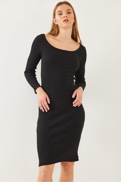 Textured Geribde Midi-jurk met Vierkante Kraag - Image 4