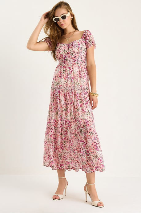 Midi-klänning med hjärtkrage och blommig tryck - Image 1