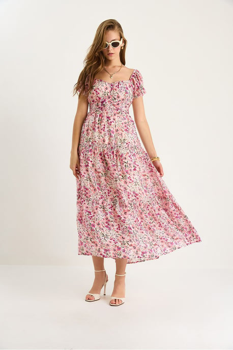 Midi-klänning med hjärtkrage och blommig tryck - Image 2