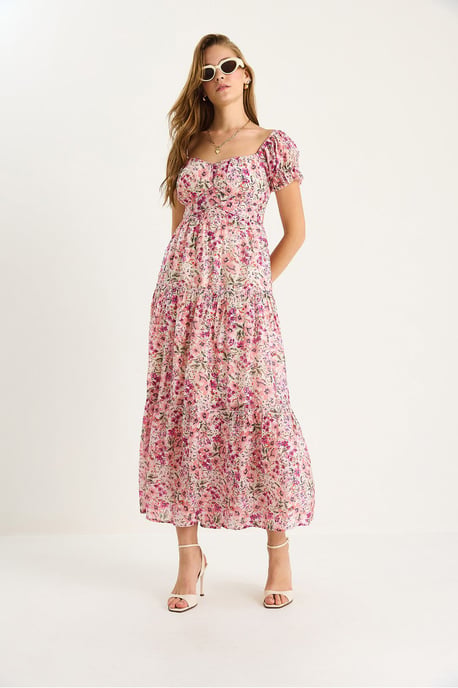 Midi-klänning med hjärtkrage och blommig tryck - Image 3