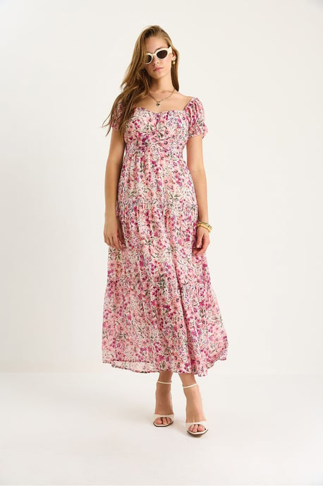 Midi-klänning med hjärtkrage och blommig tryck - Image 4