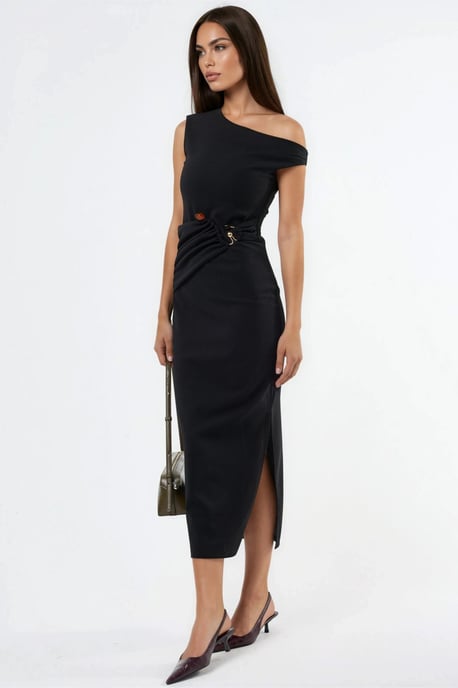 Asymmetrische Kraag Midi-jurk met Accessoire-details - Image 2