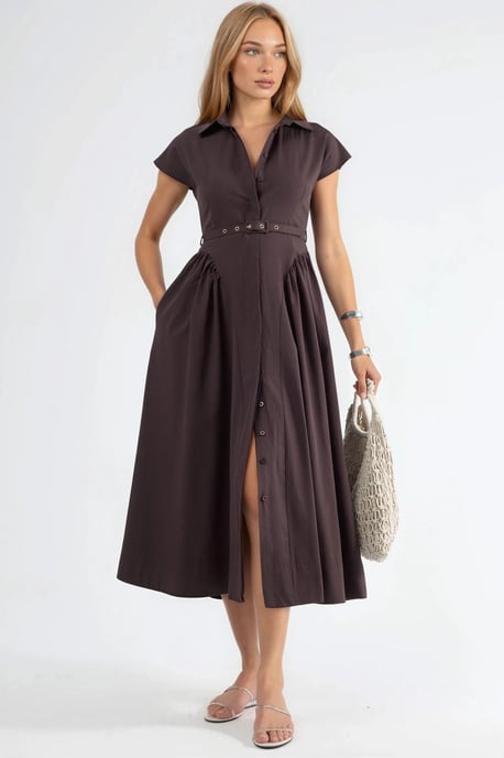 Belted Midi Dress with Shirt Collar - Image 1