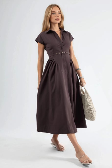 Belted Midi Dress with Shirt Collar - Image 4