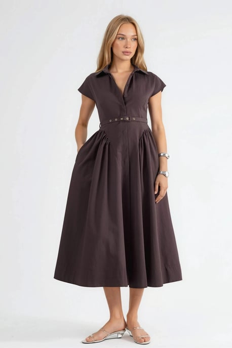 Belted Midi Dress with Shirt Collar - Image 6