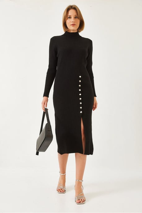 Ribbad Texturerad Turtleneck Midi Stickad Klänning - Image 2
