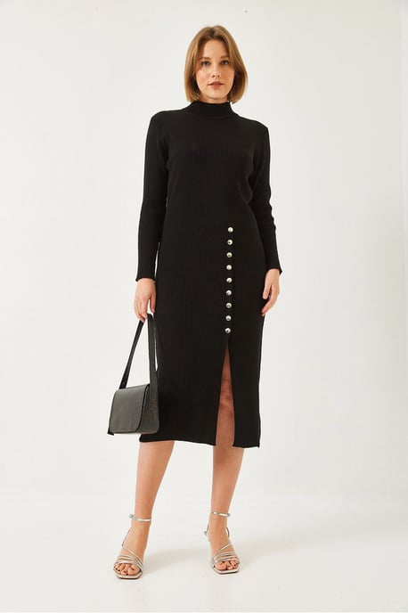 Ribbad Texturerad Turtleneck Midi Stickad Klänning - Image 3