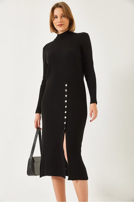 Ribbad Texturerad Turtleneck Midi Stickad Klänning - Image 4