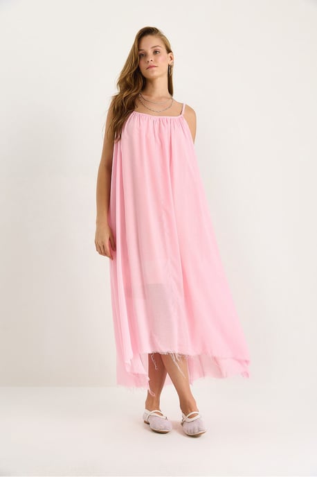 Solid Spaghetti Strap Muslin Midi Dress with Sheer Hem - Image 2