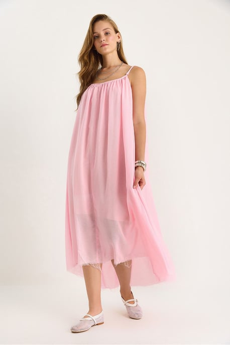 Solid Spaghetti Strap Muslin Midi Dress with Sheer Hem - Image 3