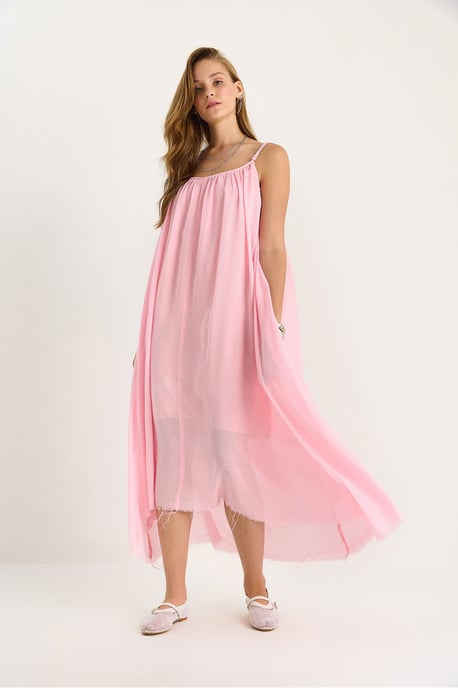 Solid Spaghetti Strap Muslin Midi Dress with Sheer Hem - Image 4