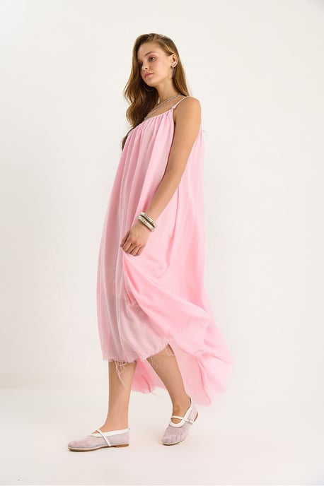 Solid Spaghetti Strap Muslin Midi Dress with Sheer Hem - Image 5