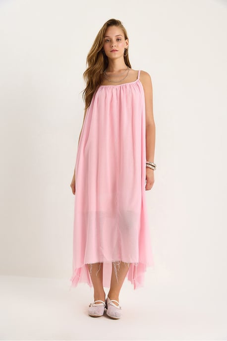 Solid Spaghetti Strap Muslin Midi Dress with Sheer Hem - Image 6