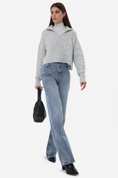 Textured Knitted Sweater with Shirt Collar - Image 2