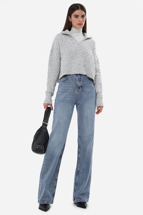 Textured Knitted Sweater with Shirt Collar - Image 3