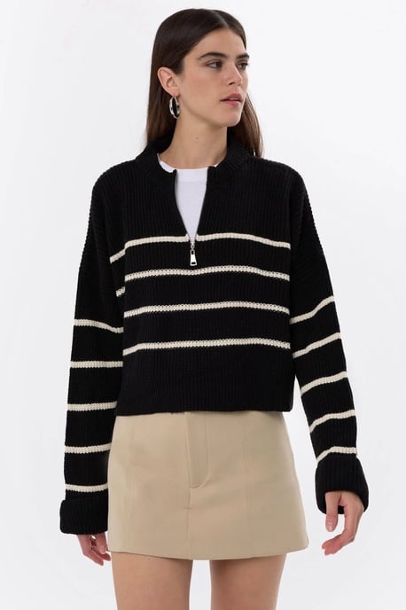 Striped Zippered Knit Sweater - Image 1