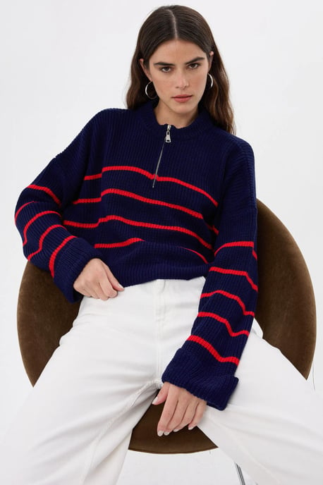 Striped Zippered Knit Sweater - Image 5