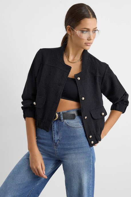 Tweed Round Neck Jacket with a Pocket Detail - Image 1