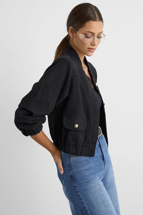Tweed Round Neck Jacket with a Pocket Detail - Image 3