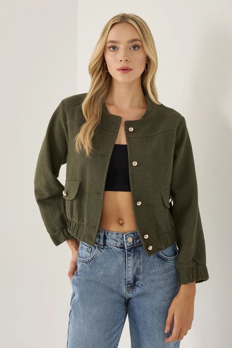Tweed Round Neck Jacket with a Pocket Detail - Image 1